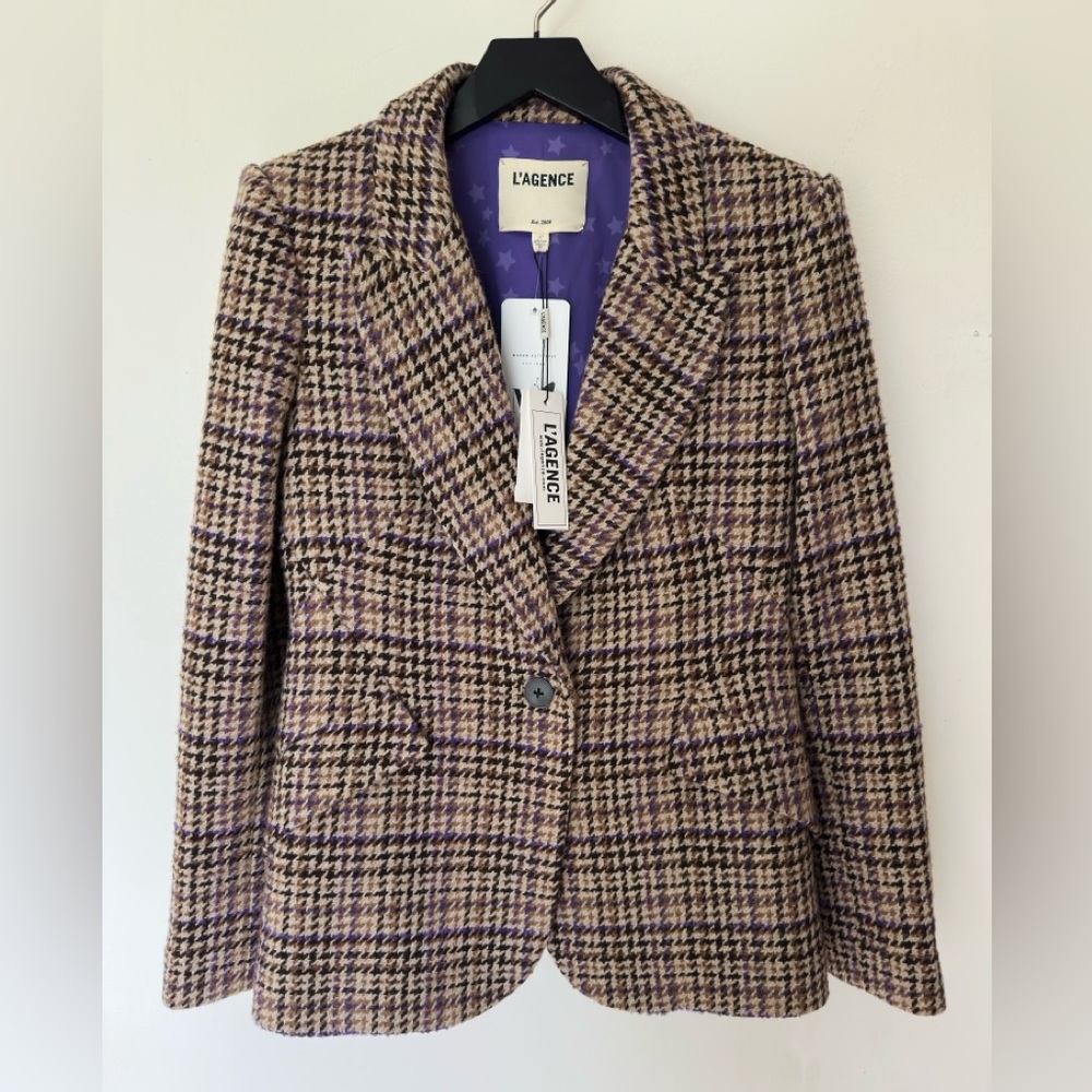 NWT L’AGENCE plaid brown and purple single button closure blazer size 4